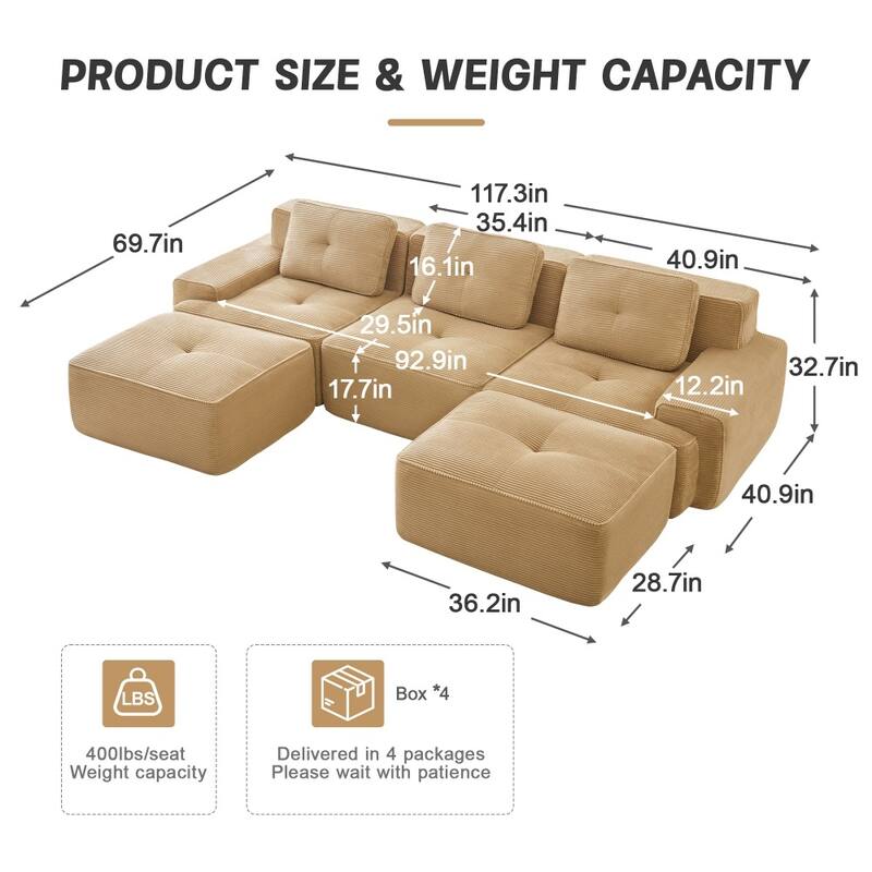 117.3" Minimalist Corduroy Modular Sectional Sofa with Ottomans for Living Room
