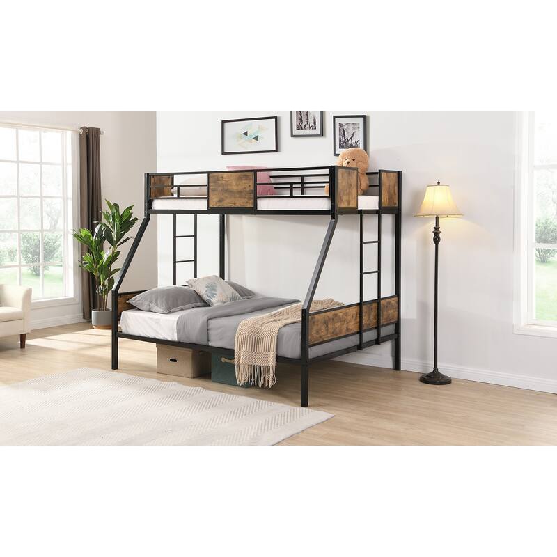 Twin Over Full Metal Bunk Bed with 2, Side Ladder and Full-Length Guardrail, No Box Spring Needed, Large Under Bed Storage