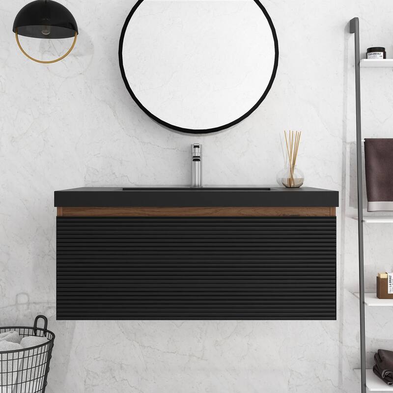 MDF Wall-Mounted Bathroom Vanity Set with Integrated Resin Sink with Drain in Matte Black