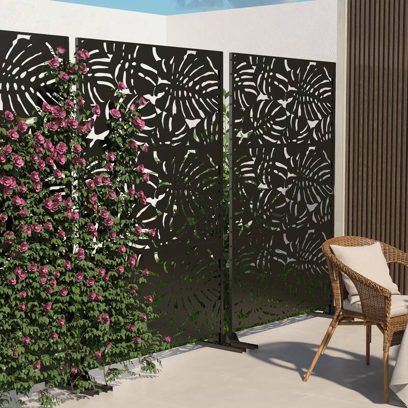 Black Metal Free Standing Outdoor Privacy Screen for Patio Garden
