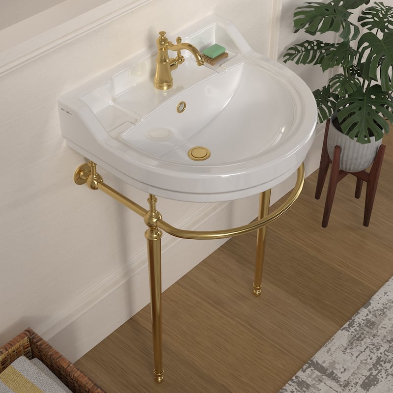 Whitehaus Console Sink With Semi-Circular Bowl, Metal Leg Supports and Front Towel Bar.