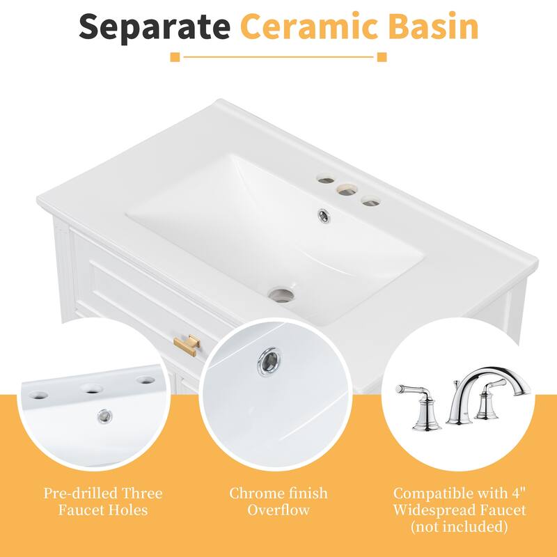 Roomfitters 30" Bathroom Vanity with Ceramic Sink, Solid Wood Frame with Flip Drawer, 2 Side Drawers & Adjustable Shelf