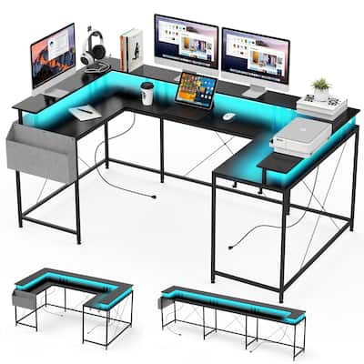 79" U Shaped Gaming Desk with Monitor Stand and LED Lights