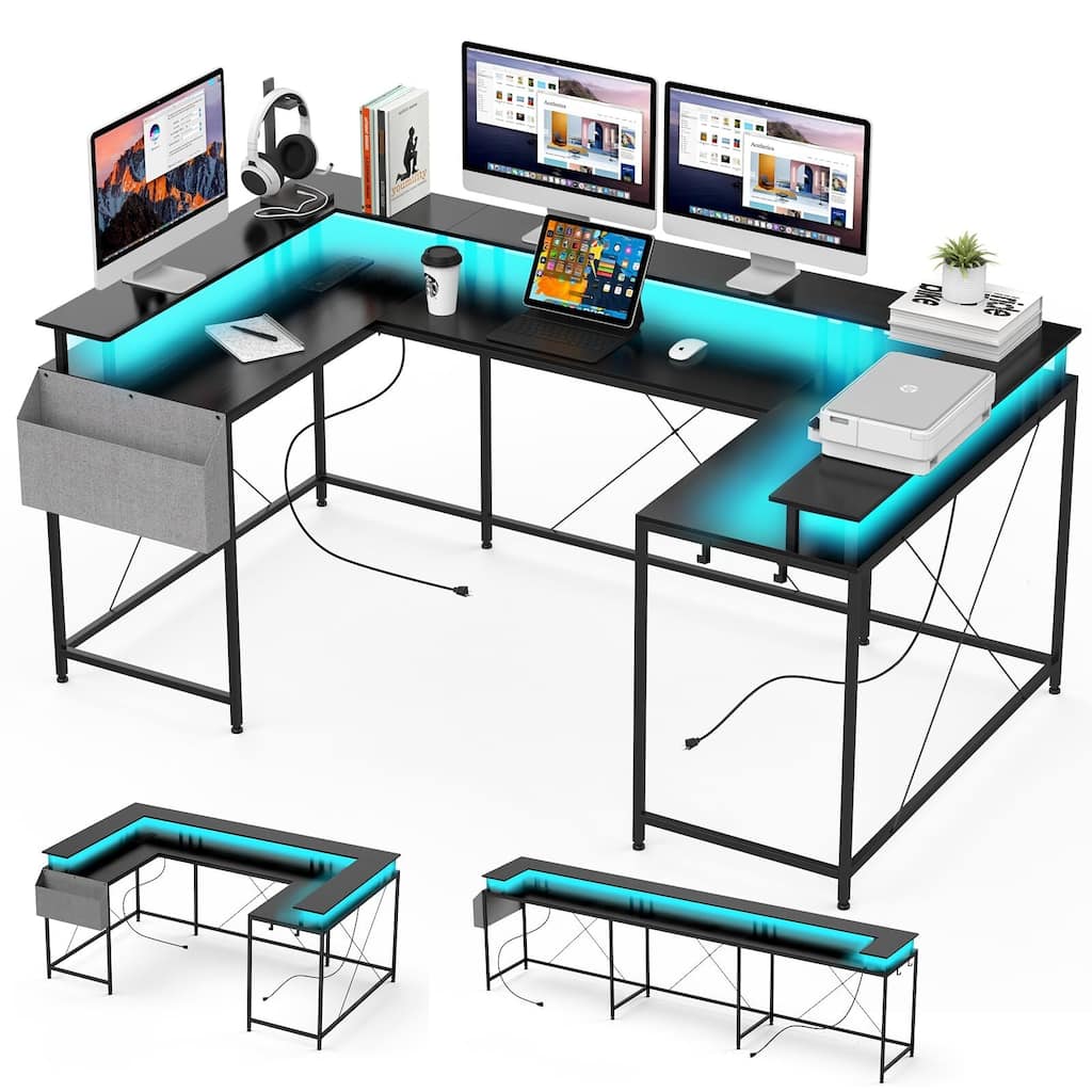 79" U Shaped Gaming Desk with Monitor Stand and LED Lights