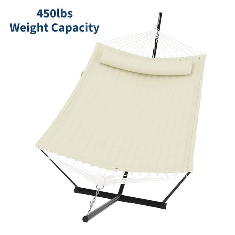 Portable Double Hammock with Stand for Outdoor Patio, Garden, Beach, Backyard, Max 450 Lbs Capacity - Beige