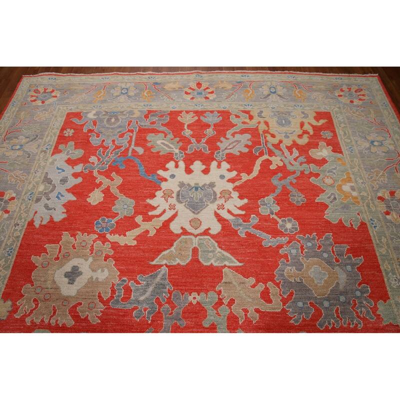 Red Floral Oushak Vegetable Dye Area Rug Handmade Wool Carpet - 8'2"x 9'11"