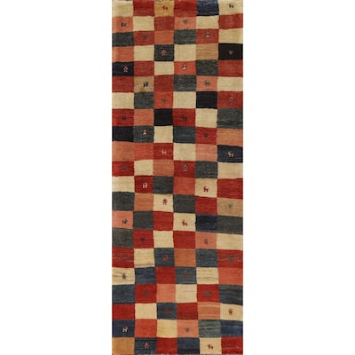 Checkered Gabbeh Persian Vintage Runner Rug Hand-Knotted Wool Carpet - 2'11"x 9'3"