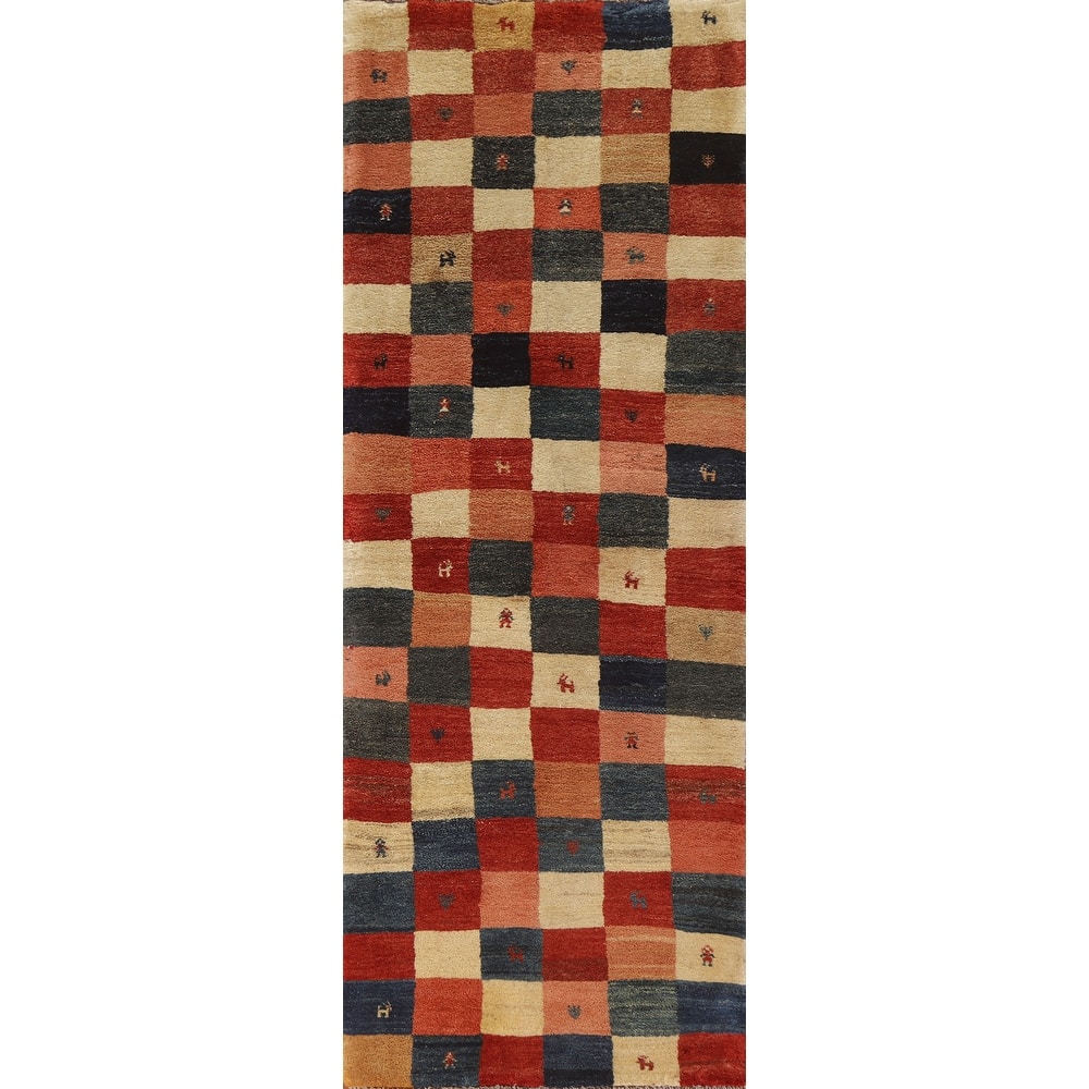 Checkered Gabbeh Persian Vintage Runner Rug Hand-Knotted Wool Carpet - 2'11"x 9'3"
