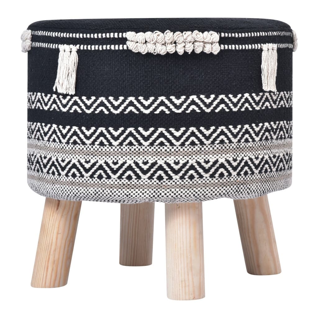 Black and White Cotton Chevron Ottoman with Natural Wood Legs 16 Inch Round