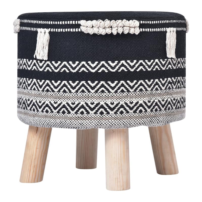 HomeRoots 16" Black And White Cotton And Natural Round Chevron Ottoman