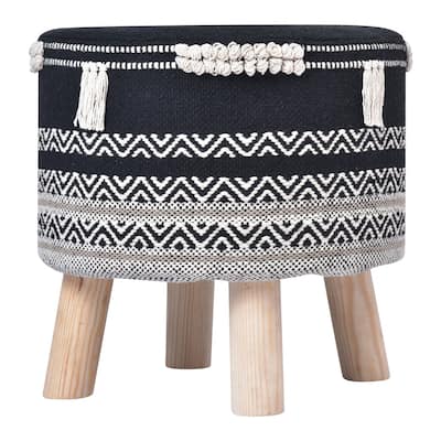 HomeRoots 16" Black And White Cotton And Natural Round Chevron Ottoman