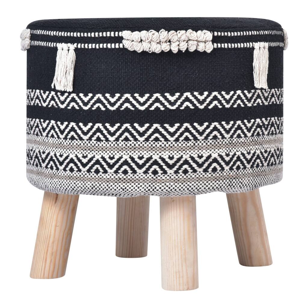 HomeRoots 16" Black And White Cotton And Natural Round Chevron Ottoman