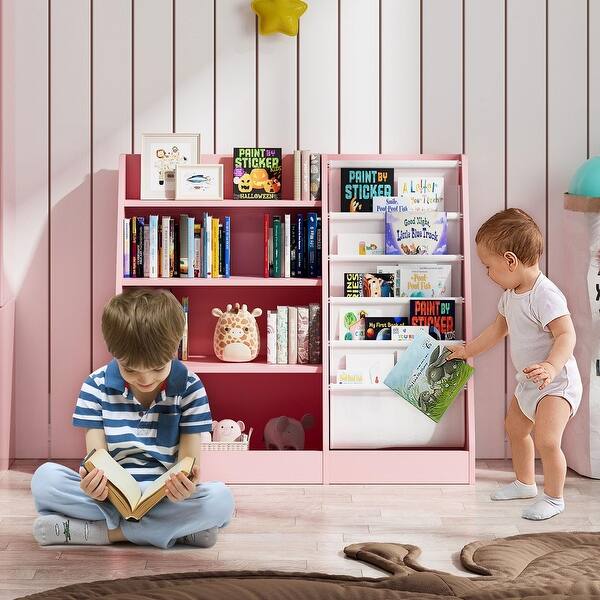 Kids Bookshelf With Storage Drawers And Layer Sling Bookcase, 4 Tier Toddlers Book Toy Organizer Dispaly Cabinet Playroom Kids Room Classroom Nursery
