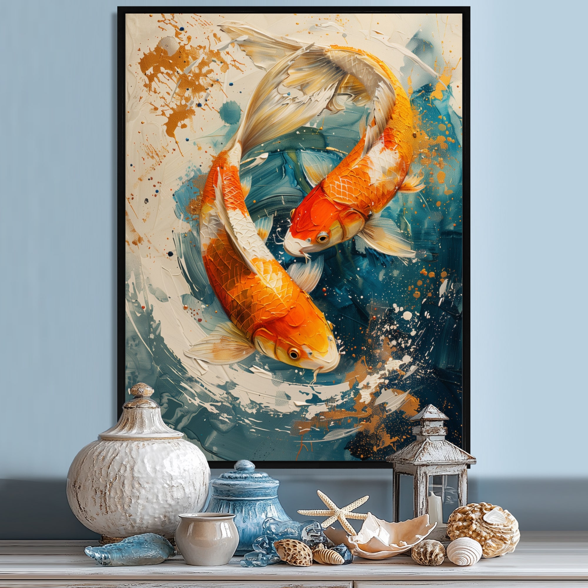Designart "Orange Green Passionate Pisces Koi Fish I" Fish Animal Framed Canvas Wall Art - Traditional Pink Wall Decor