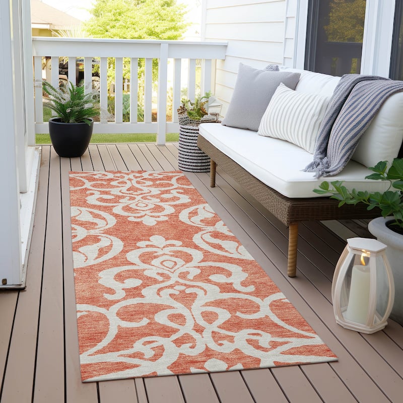 Machine Washable Indoor/ Outdoor Damask Glam Chantille Rug - Coral - 2'3" x 7'6"