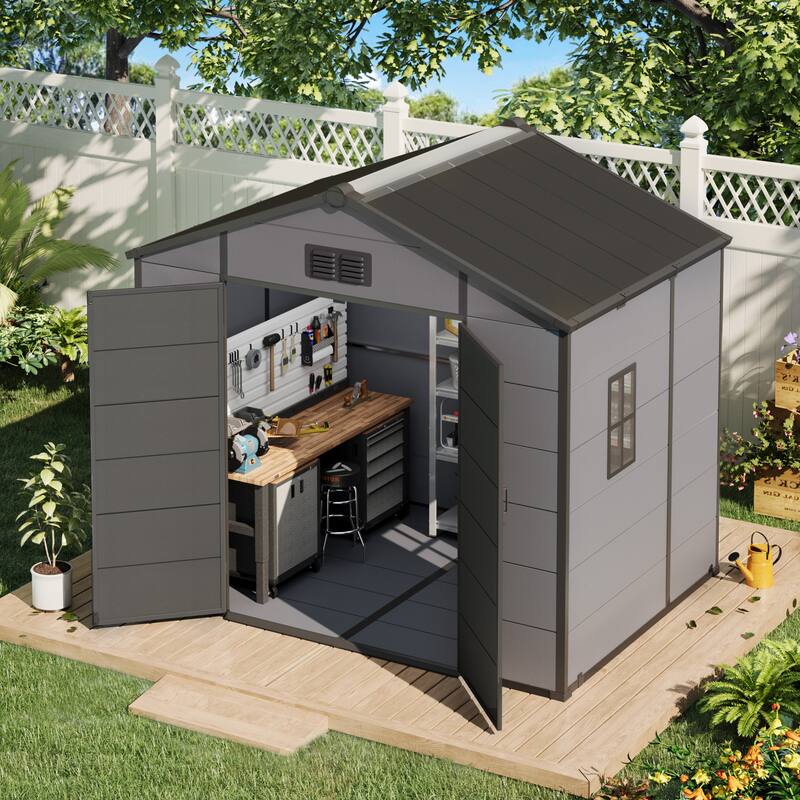 EROMMY Outdoor Storage Shed with Built-In Floor, Lockable Double Doors & Sloped Roof, Gray/Black