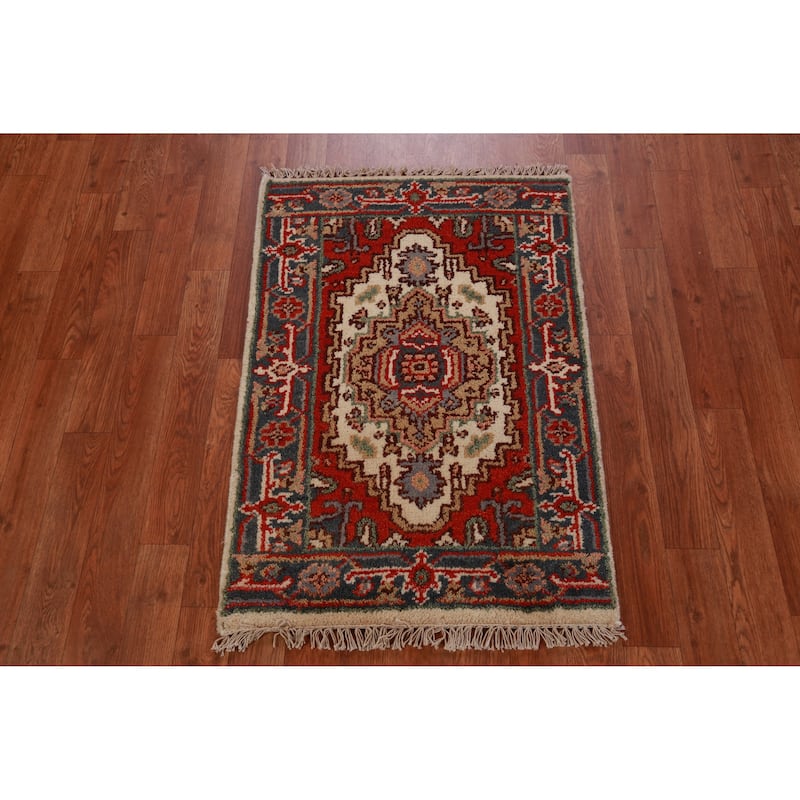 Hand Knotted Oriental 100% Wool Carpet Traditional Medallion Beige & Ivories Heriz (serapi) Area Rug - 3' 0'' X 2' 0''