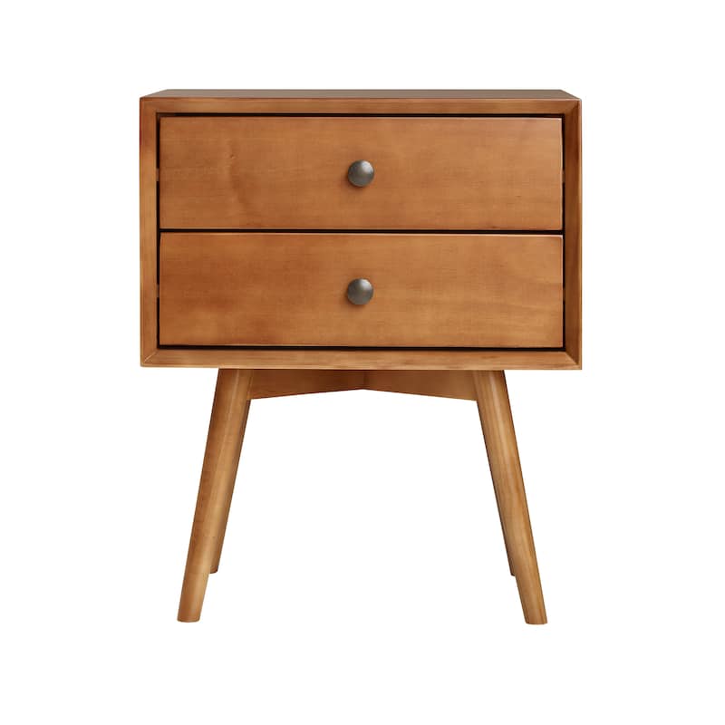 Mid-Century Modern Double-Drawer Solid Wood Nightstand with Antique Hardware