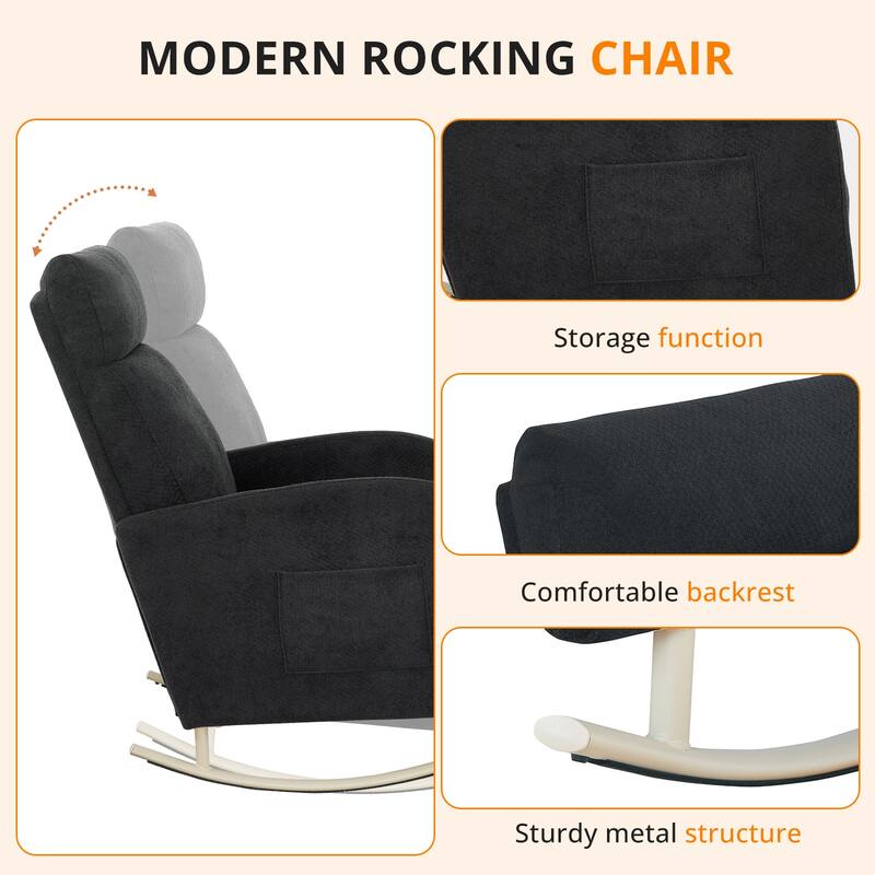 Chenille Nursery Armchair Rocking Chair Set of 1 with Metal Legs with Side Pocket for Living Room