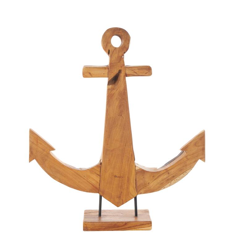 Brown Teak Wood Handmade Anchor Decorative Sculpture with Mosaic Live Edge Pieces