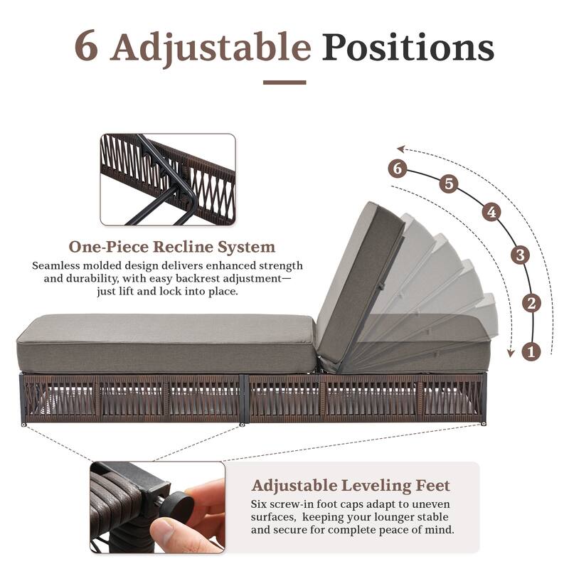 Gymojoy Outdoor Patio Chaise Lounge Chair, Luxury Rattan Recliner with 6-Position Backrest & 5-Inch Thick Cushions Set of 2