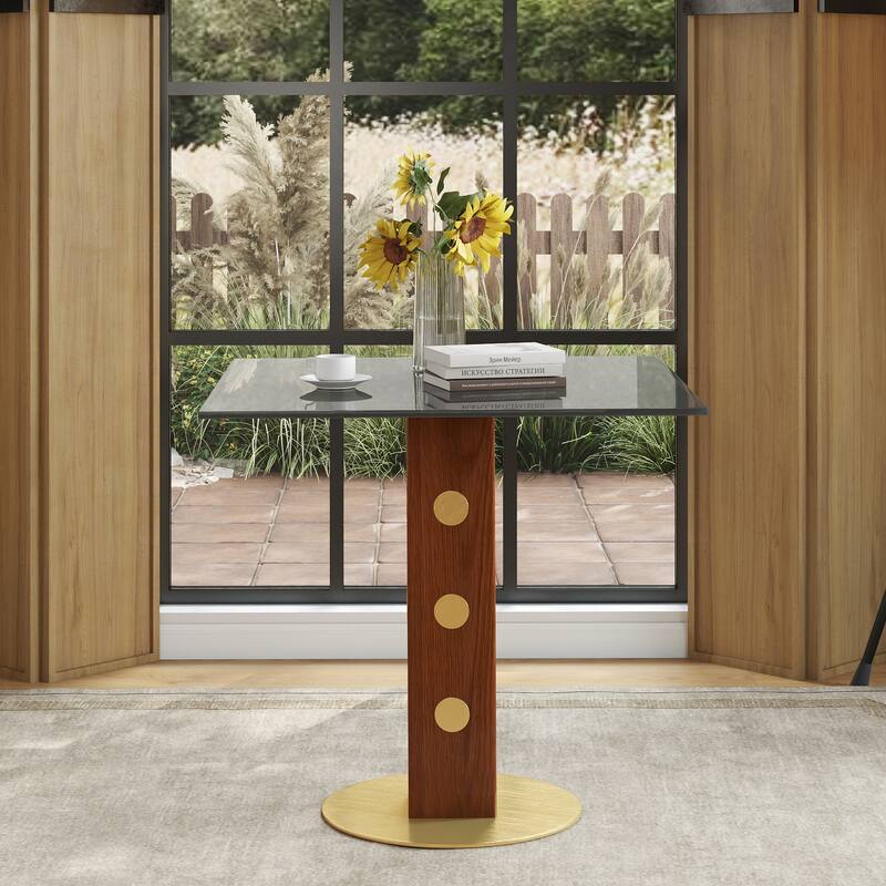 Modern Square Dining Table, 33.5" Tempered Glass Table with Wooden Leg & Gold Base, 2 - Person Kitchen Table for Small Space