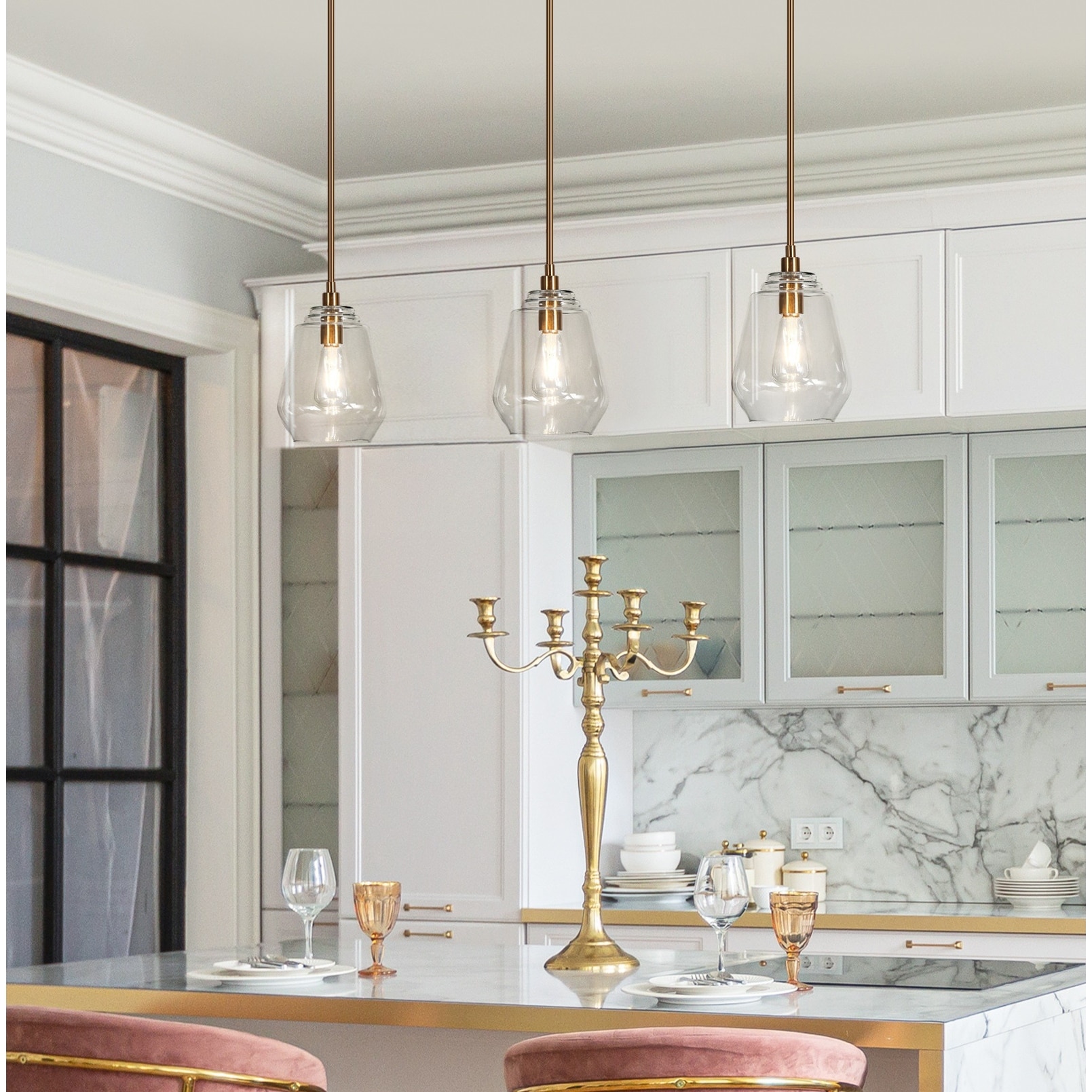 Velus Mid-century Modern Gold 1-Light Cylinder Clear Glass Single Pendant Kitchen Island Lights - D 8'' x H 11''