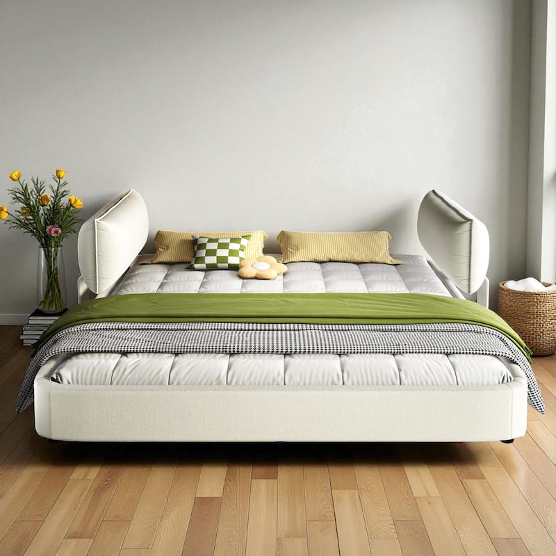 King Size Cloud Bed Frame with Oversized Movable Headboard, Chenille Upholstered Platform Bed with Metal & Wood Support