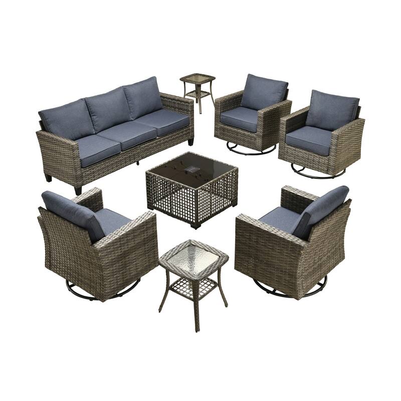 OVIOS 8 Pieces Outdoor Swivel Chair Set with Solar-Powered Table