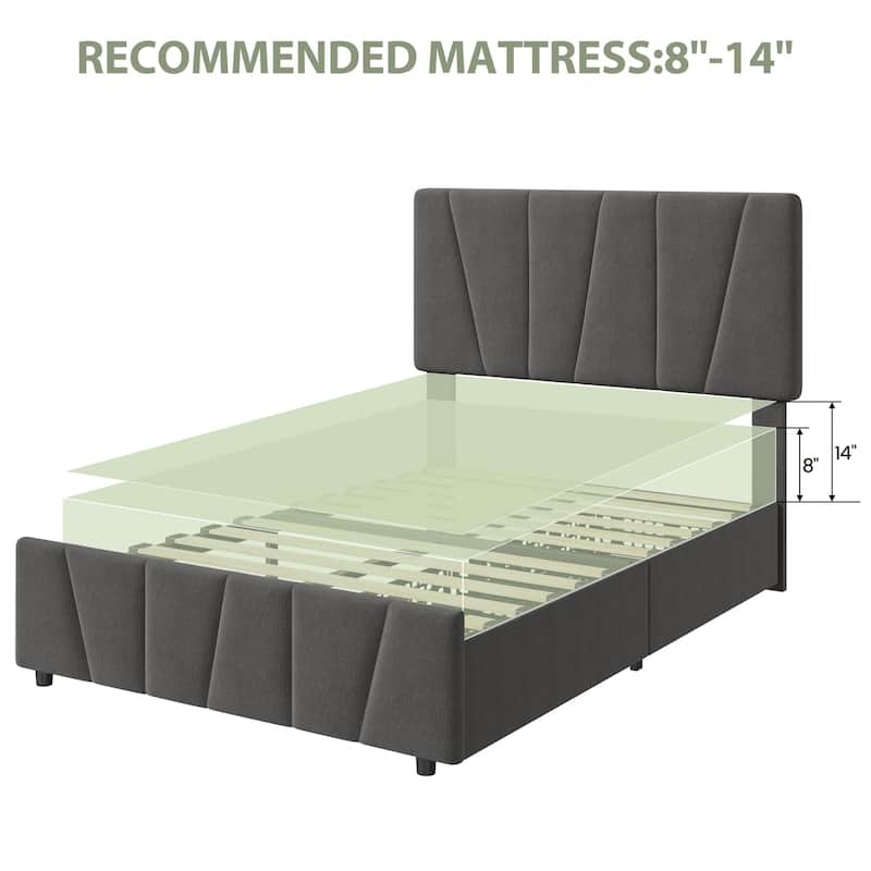 Upholstered Platform Bed Frame with Adjustable Headboard and Drawers