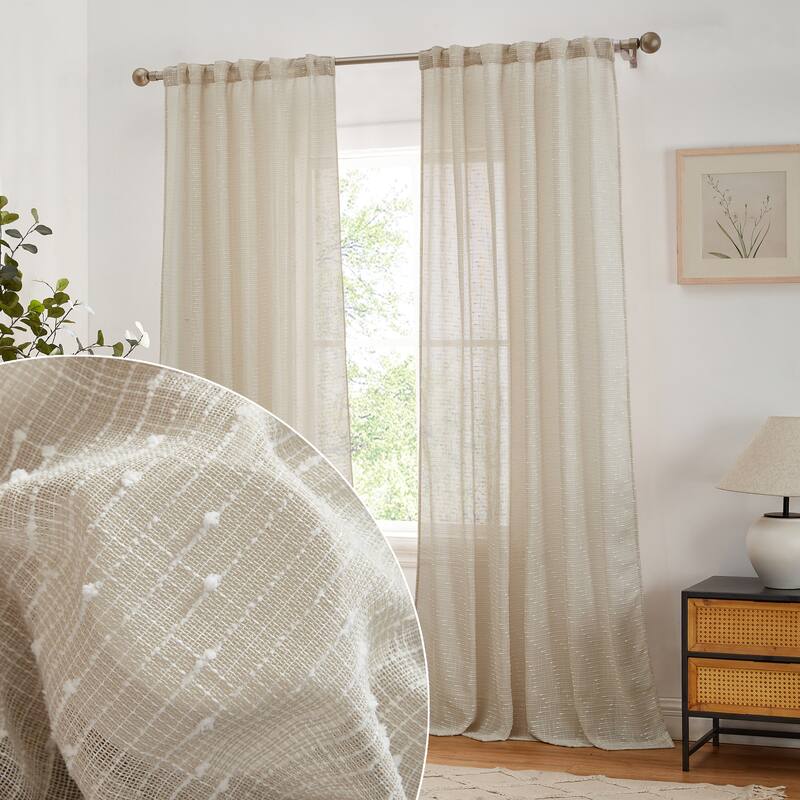 HLC.ME Emily Faux Linen Semi Sheer Transparent Rod Pocket Back Tab Lightweight Window Curtains Wide Panels, Pair - 54 W x 84 L - Beige