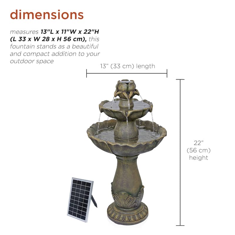 Alpine Corporation USA142SLR 34" Solar Flower Style 2-Tiered Water Fountain Elegant Outdoor Waterfall Feature for Garden