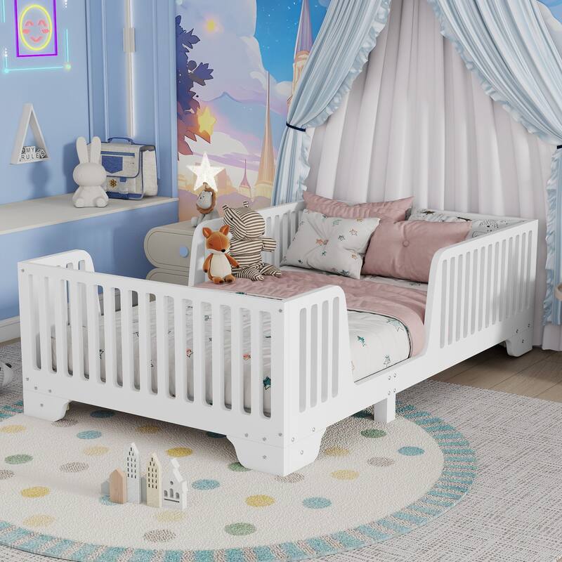 Kids Floor Bed with Safety Fence and Removable Door for Boys Girls - White - Twin