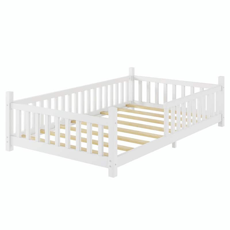 House Bed with Light, Low Floor House Bed with Fence and Roof