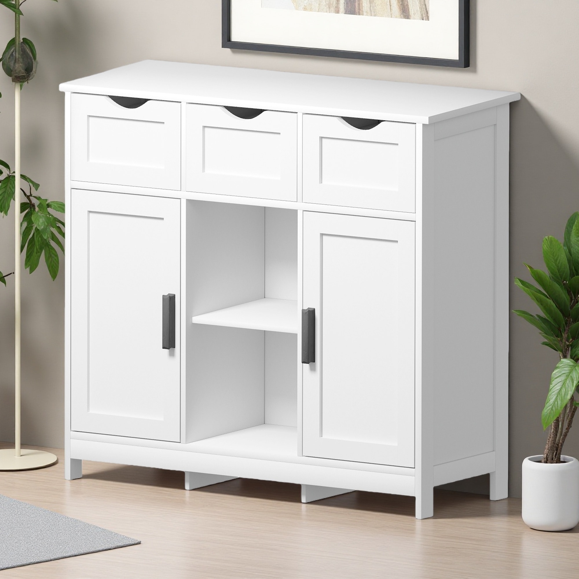 Wooden Accent Cabinet with Drawers and Shelves