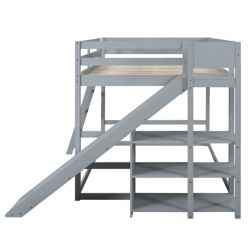 Full Over Full Bunk Bed with Slide & Ladder, Wood Floor Bunk Bed Frame w/Storage Shelves & Safety Guardrails for Kids Girls Boys