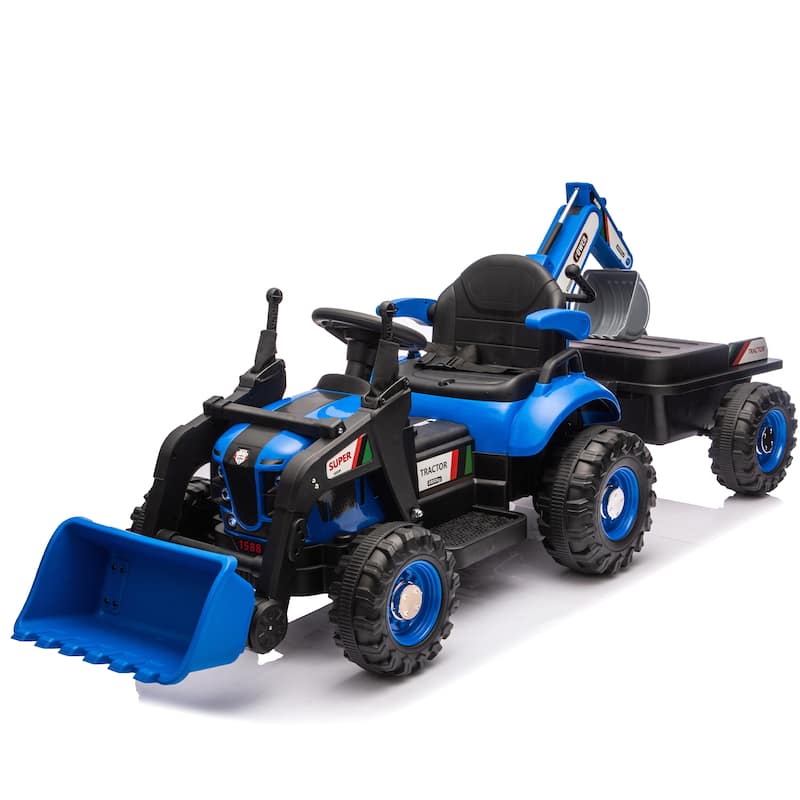 24V Kids Electric Ride-On Tractor Toy with 4-in-1 Attachments, Remote Control & Music - Blue