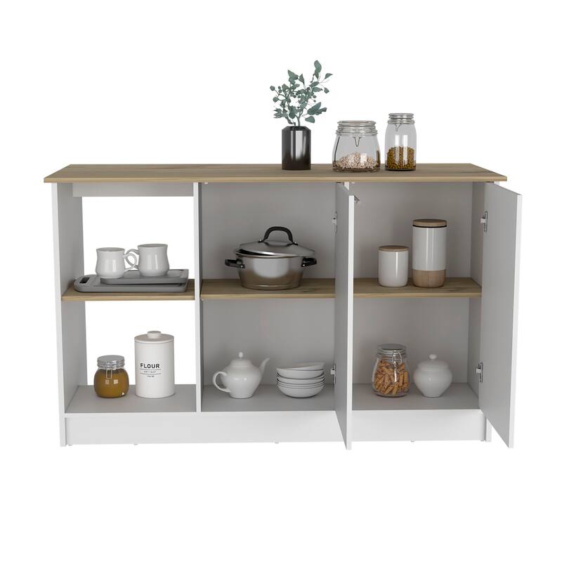 Spacious Kitchen Island with Large Countertop, Open Storage Shelves, and Double-Door Cabinet for Organized Cooking