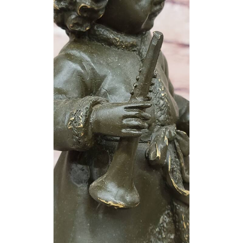 Bronze Winter Child Sculpture – Girl With Horn And Doll Figurine On Base