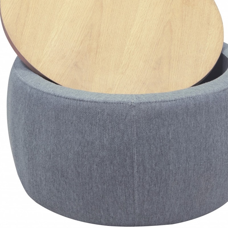 HomeRoots 26" Dark Gray and Natural Fabric And Wood Reversible Tray Top Round Storage Ottoman