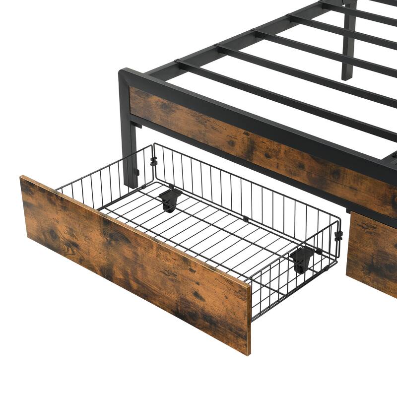 King Size Bed Frame with Storage, Metal Platform Bed Frame w/LED Lights Upholstered Headboard & Drawers and USB Charging Station