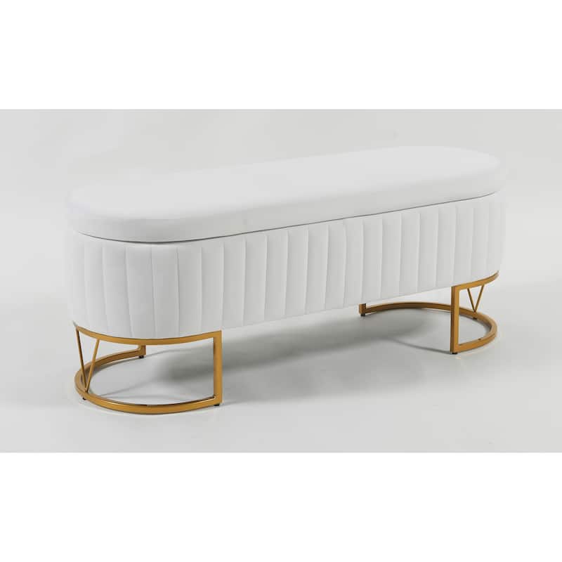 Oval Velvet Storage Bench with Metal Legs Upholstered Bedroom Bench, Modern Storage Ottoman Bench