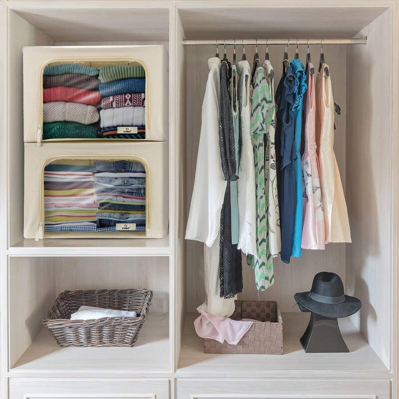 Storage Bins, Foldable Stackable Container Organizer Set with Large Window & Carry Handles - Beige