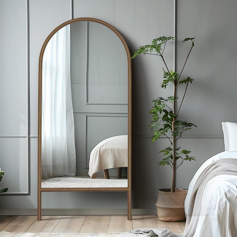 Ladder-Style Arched Solid Wood Framed Full Length Leaning Mirror