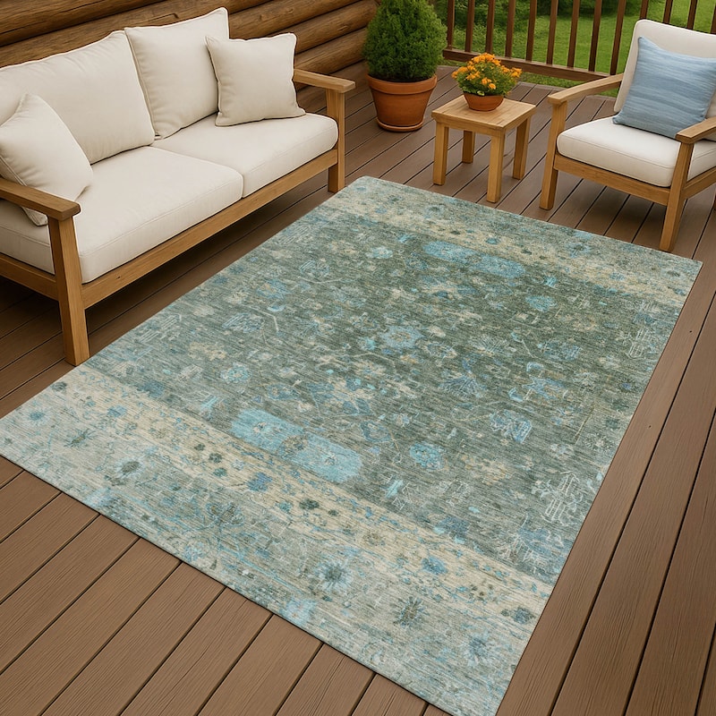 Machine Washable Indoor/ Outdoor Traditional Border Chantille Rug