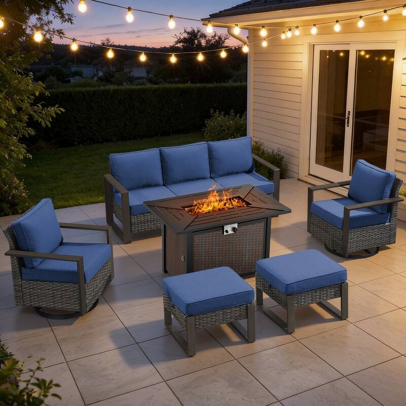 Meyreso Wicker Outdoor Patio Metal Fire Pit Set with Swivel Gliders & 4.5" Olefin Cushions - Gray / Navy Cushions - 6-Piece