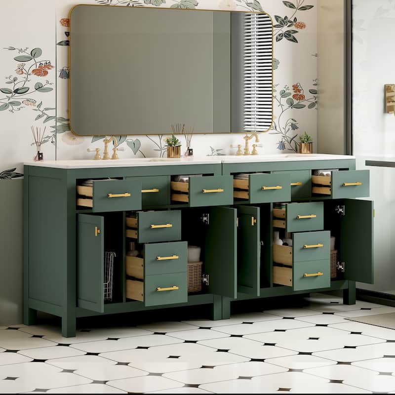 Roomfitters 72" Freestanding Bathroom Vanity with Ceramic Sink, Solid Wood Storage Cabinet with Drawers and Doors - Green