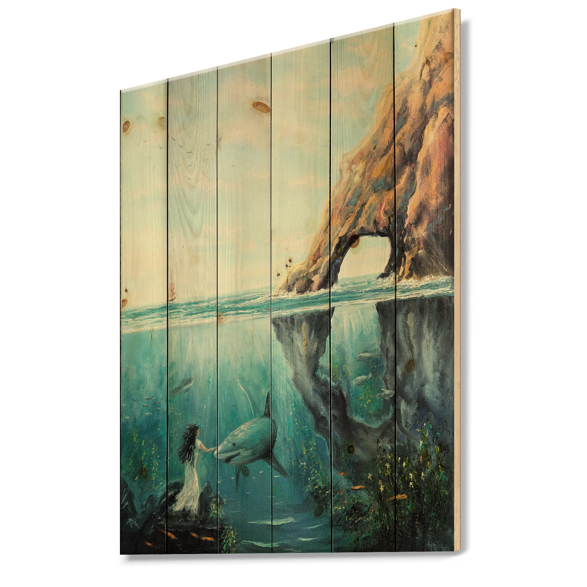 Designart 'Underwater Fairy And Shark Ocean And MountaIn-image