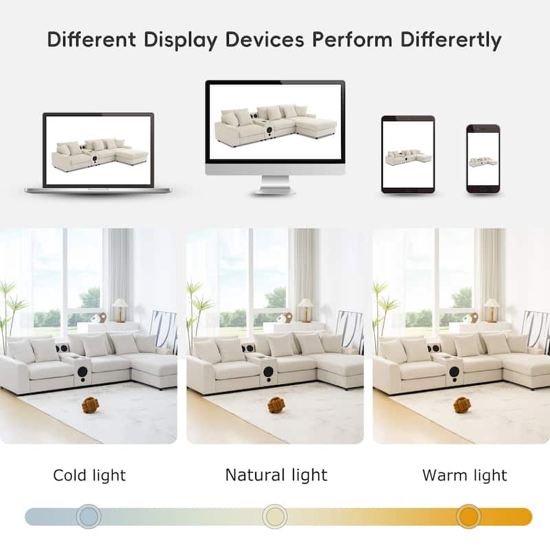 Roomfitters 114'' x 64'' Corduroy Sectional Sofa with Bluetooth Speakers, L-Shaped Couch with Console, USB Charger, Cup Holders