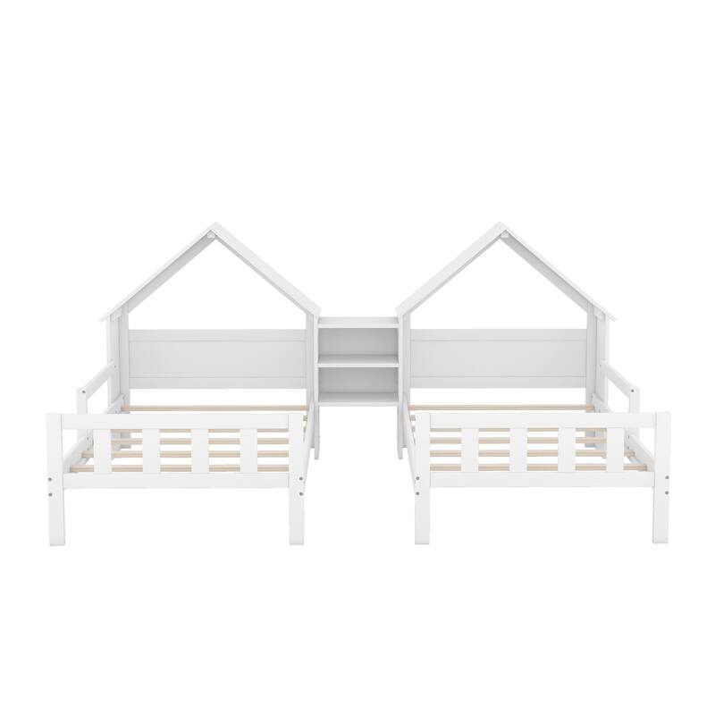 Double Twin Size Platform Bed, Wooden Shared Double Twin Beds Frame with House Shaped Headboard and a Built In Nightstand